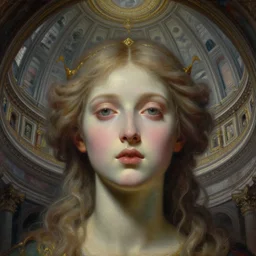 portrait of a beautiful young goddess'face merging with a cathedral's dome from the inside, unusual beauty, etheric, outworldly dimmed colours, emotionally evoking symbolic metaphors, head in focus, fantasy, ornamental, intricate, elegant, highly detailed painting style photo, artstation, concept art, painterly, golden ratio, sharp focus, illustration, art by john william godward and zdzisław beksinski, antonio mora,