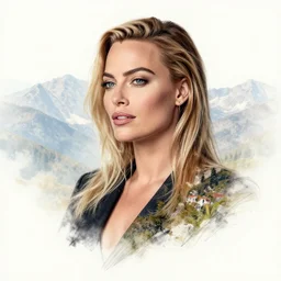 tattoo design sketch double exposure of margot robbie with beautiful mountain scenery, creative mash up, in the style of arlo dicristina, surrealist, amazing detail, sharp