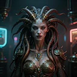 Cyberpunk medusa, dark atmosphere, cinematic shot, intricate, ornate, photorealistic, ultra detailed, realistic, 35mm, photography, neon, octane, high definition, depth of field, bokeh, 8k, artstation, ((alphonse mucha)), (hr giger)