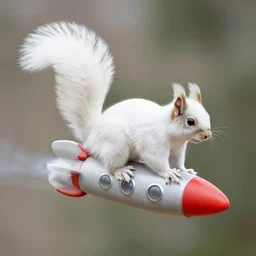 a white squirrel riding a rocket