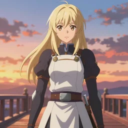anime art full body portrait character concept art, anime key visual of young male warror, platinum blonde straight bangs and large eyes, finely detailed perfect face delicate features directed gaze, standing on a bridge during sunset, trending on pixiv fanbox, studio ghibli, extremely high quality artwork