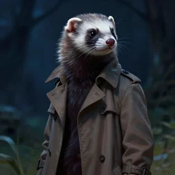 a movie still from final fantasy live action, a ferret in a trenchcoat, evocative, mystical night, sharp focus, very very very very detailed, award winning, masterpiece digital painting by greg rutkowski, alex grey, marc adamus, beautiful dramatic lighting, artstation, 4 k wallpaper, style by peter deligdisch, peterdraws