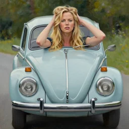 charlize theron with long blonde hair locks holds over its head on its two hands old volkswagen beetle, oil on canvas, naturalism