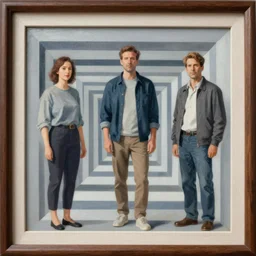 Clever trompe l'oiel painting of three people,  confusing optical illusion, this picture looks different from far away