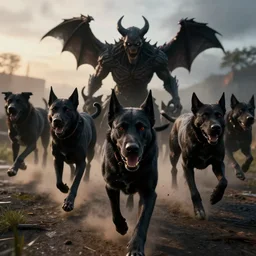 realistic photo first person perspective, demonic evil black dogs stampede towards camera, attacking and chasing me, dramatic lighting, early evening, professional photography, high detail, cinematic lighting, unreal engine