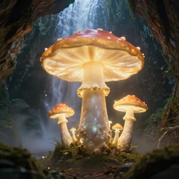 a beautiful and stunning professional digital artwork of a glowing mushroom cave, haze, spores floating in the air, waterfall, volumetric lighting, hyperrealistic, rtx on, ultra detail