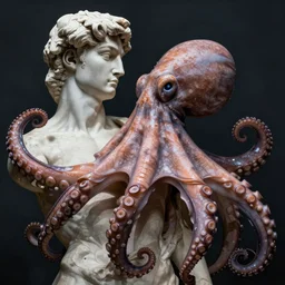 The octopus who ponders creation like the statue of David thinking by Michelangelo