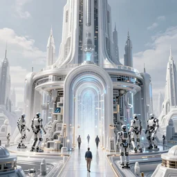 cult of technology, exterior, scifi, temple, machines, robots, ultra realistic, transparent labs, metallic surface, highly detailed, white, futuristic landscape, city, utopian architecture, atmosphere, masterpiece, portals, epic lighting, glow, mysterious, 4 k, cinematic, art by patryk olkiewicz and chris ostrowski and liang yao