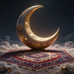 surreal persian crescent in the sky in a magic fluffy persian carpet dimension, by greg rutkowski and gaston bussiere, dim lighting, beautiful volumetric - lighting - style atmosphere, surreal atmosphere, intricate, detailed, photorealistic imagery, trending artstation
