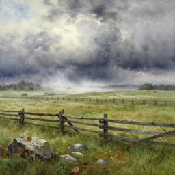 watercolor painting of meadow, plantation, wooden fences, rocky stones, art by anders zorn, wonderful masterpiece by greg rutkowski, beautiful cinematic light, american romanticism by greg manchess, creation by tyler edlin, stormy puffy clouds and harbour in distant background, foggy