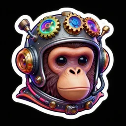 sticker art of a realistic cute ape head with a steampunk space helmet with multicolored glowing gears and a headset and cables, crisp, trippy, fluorescent colors, insanely detailed, 3 d render, front shot, 3 5 mm