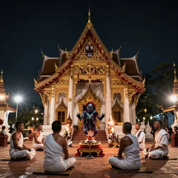 a footage of a view of a thai temple with a horror zombie ghost devil exorcism by multiple shaman in white cloth in thai temple, night scene with flash, scene, highly detailed, still shot from movie