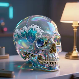 ocean waves crashing inside a glass skull that sits on a white table with a lamp next to it, vintage, neon, iridescent, smooth, sharp focus, high detail, deviantart, artstation, halo, octane render, cinematic, hyper realism, 8k, depth of field, bokeh, art by Tooth Wu and wlop and beeple and dan mumford and greg rutkowski
