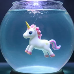 a small unicorn swimming underwater inside a fishbowl