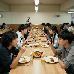 a hyper realistic photograph of students fighting with food in the canteen by banksy, trending on artstation, 5 0 mm, cobra flash lighting, award winning photography, masterpiece