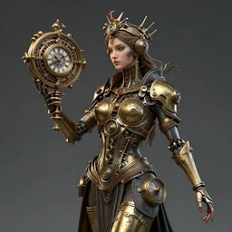 steampunk mechanical goddess, holding a complex mechanical clock device, fantasy art sculpture,