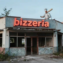 an abandoned building with the words pizzeria with a neon sign depicting an italian chef throwing the dough