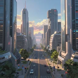 Futuristic city streets during sunrise, by Makoto Shinkai and Thomas Kinkade, sci-fi matte painting, trending on cgsociety and unreal engine，light effect，highly detailed，super wide angle，