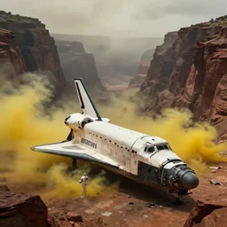 concept art, neill blomkamp movie shot, an astronaut exploring, space shuttle wreckage in the alien grand canyon, yellow smoke, moody, heavy fog, wide angle, beautiful matte painting, ultra detailed, 8 k render