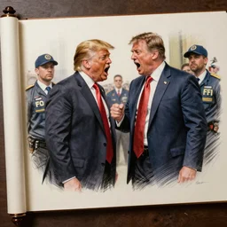 highly detailed realistic sketch of donald trump fighting and yelling at a fbi agents, award winning , masterpiece on a scroll , post-processing