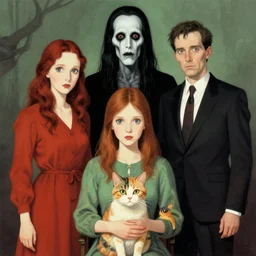 cinematic colorful horror artwork by artgerm, beksinski, stephen king ; real life full portrait of three humans family posing together with pet cat, the man was ben affleck, the woman was dove cameron, and the boy was tyler ; melancholy haunting ; 8 k hdr, creepy intricate ; volumetric dramatic lighting, insanely detailed