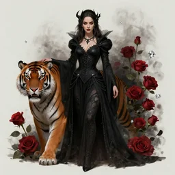 emilia clarke as a dark fantasy female dark sorceress, with a tiger, roses, diamonds, atmospheric, highly detailed, qichao wang, artgerm, cushart krenz, zeronis, trending on artstation, soft light, sharp edges, illustration, character design, concept art