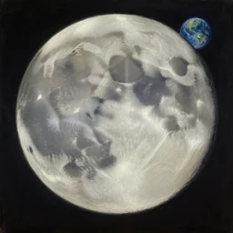 mare tranquillitatis on the moon, earth in the background in the style of hudson river school of art, oil on canvas