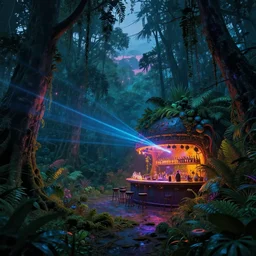 nature by bernard tschumi, cyberpunk thermal vision laser apocalyptic anime junglepunk at night galactic scumm bar forest at dusk hyperrealism synthwave, archdaily, wallpaper, highly detailed, trending on artstation.