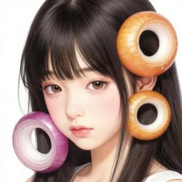 the face of a ridiculously beautiful and cute japanese girl partially made of onion rings of all colors looking down, an ultrafine detailed illustration by james jean, irakli nadar, final fantasy, intricate linework, bright colors, behance contest winner, vanitas, angular, altermodern, unreal engine 5 highly rendered, global illumination, radiant light, detailed and intricate environment