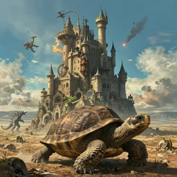 large fantasy castle rising from the top of a giant tortoise, towering over a harsh barren wasteland, howls moving castle, mortal engines, kaiju, distant shot angled slightly up, fantasy, hyper detailed, 4 k