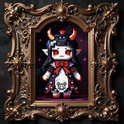 baroque bedazzled gothic royalty frames surrounding a pixelsort emo demonic horrorcore japanese yokai doll, low quality sharpened graphics, remastered chromatic aberration