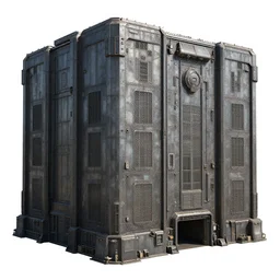 3d sculpt of a thick square industrial military scifi giant warehouse facade gun metal airport inspired by the matrix, star wars, ilm, beeple, star citizen halo, mass effect, starship troopers, elysium, the expanse, high tech industrial, Artstation Unreal