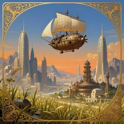 a cinematic scene futuristic city in the background with a steampunk airship with sails floating in the sky, blue orange background, tall mountains, tall grass, intricate, elegant, highly detailed, digital painting, artstation, concept art, smooth, sharp focus, illustration, art by artgerm and greg rutkowski and alphonse mucha