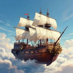 a large pirate airship flying among the clouds, soaring through the sky, airship, digital art, pirate, vivid colors, atey ghailan, james gilleard, beautiful, highly detailed, trending on art station