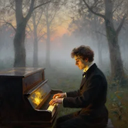 an 1 8 0 0 s romanticism - inspired oil painting of a foggy tree line at dawn with a man playing a glowing piano inspired by liberty leading the people envisioned as an album cover art