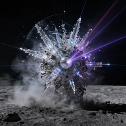 lunar - saturnine right of illumination, photorealistic, technical, royo, frazetta, giger, leds, dust, laser light, crystalline shimmers, chaos, complexity, emergence,