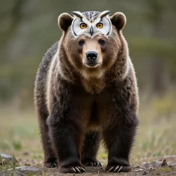 a bear standing on two legs. The bear has a head of an owl, 8k, ultrarealistic, professional photography
