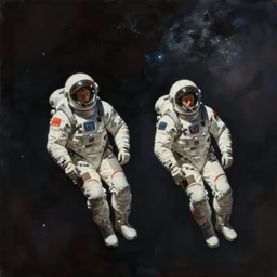 the Bogdanov twins fly in space, painting by Peter Mohrbacher
