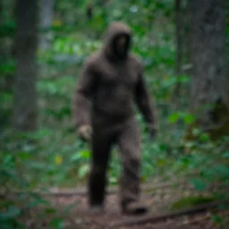 big foot in the middle of the forest, blurry photo, very grainy, telephoto lens