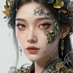 face closeup of beautiful girl in intricate detailed inkdrop in water, 3 d render, hyper realistic detailed portrait, color leaves, ruan jia, wlop. scifi, fantasy, hyper detailed, octane render, concept art, by peter mohrbacher, by wlop, by ruan jia