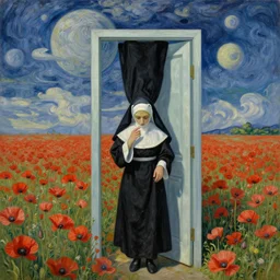 veiling nun at poppy field door in the sky tree upside down planet on horizon by beksinski van gog hyperrealism detailed masterpiece doomy