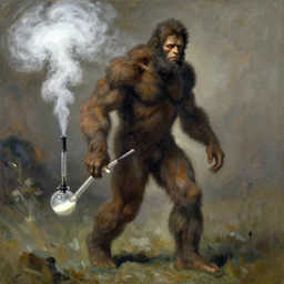 bigfoot smoking meth from meth pipe, billowing smole, painted by zinaida serebriakova