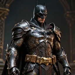hyper realistic glorious ancient celtic batman in a obsidian metal armor, futuristic design, designed by makoto kobayashi and luca zampriolo, portrait, cyberpunk style, wood and gold details, intricate, extremely detailed, ornate, deep of field, hard surface, exoskeleton, substance designer metal unreal engine. amazing likeness. very detailed.