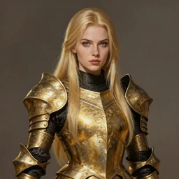 Gorgeous Blond Lady Knight in an ornamental Gold and Black armor, straight hair, very detailed face, epic fantasy, matte painting, by Frank Franzetta, trending on Artstation, trending on Deviantart, artstationHQ, cgscoiety, artstationHD, full color, ultra HD, 8k