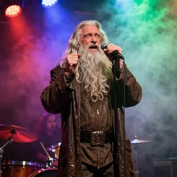 gandalf singing in a funk band, fog machine, colored spotlights, micrphone