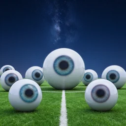 Many giant eye balls, on a football field, looking up from the ground to the starry night sky