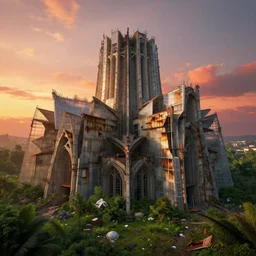 an extremely detailed cathedral of brutalist architecture, surrounded by lush green vegetation, stunning volumetric lighting, sunset, rusted metal, concrete, translucent material, stunning skies, scattered rubbish and debris, 8k, photorealistic, hyper detailed, unreal engine 5, IMAX quality, cinematic, epic lighting, digital painting in the style of DOOM and Quake, by Greg Rutkowski, trending on Artstation
