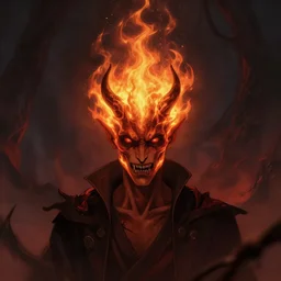 a person with a demon face and flames on their head, concept art by anato finnstark, featured on deviantart, fantasy art, hellish, concept art, hellish backgrounda person with a demon face and flames on their head, concept art by anato finnstark, featured on deviantart, fantasy art, hellish, concept art, hellish background