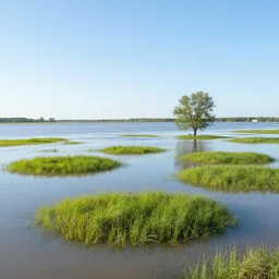 flooded plains landscape. one tree. clear sunny day at noon. elevated grass islands up close to camera. grass islands. flood waters. max rive, 1 6 megapixel, instagram, landscape, hdri, light blue sky