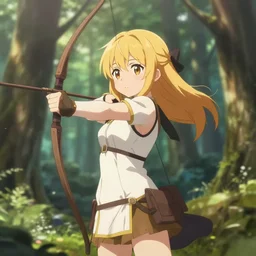 isekai cute bombshell anime girl elven archer standing in forest. cute face. aesthetic, golden ratio. beautiful lineart, depth focus, rankings pixiv, artstation, soft lighting, artistic pose, artstation, character concept, cinematic, motion blur, chromatic abberation. by trent kaniuga, kienan lafferty